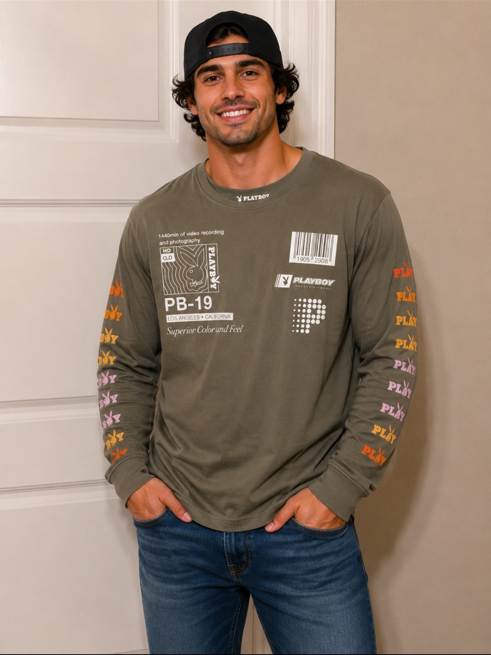 PLAYBOY Olive Green Long Sleeve Tee with Multicolor Sleeve Prints